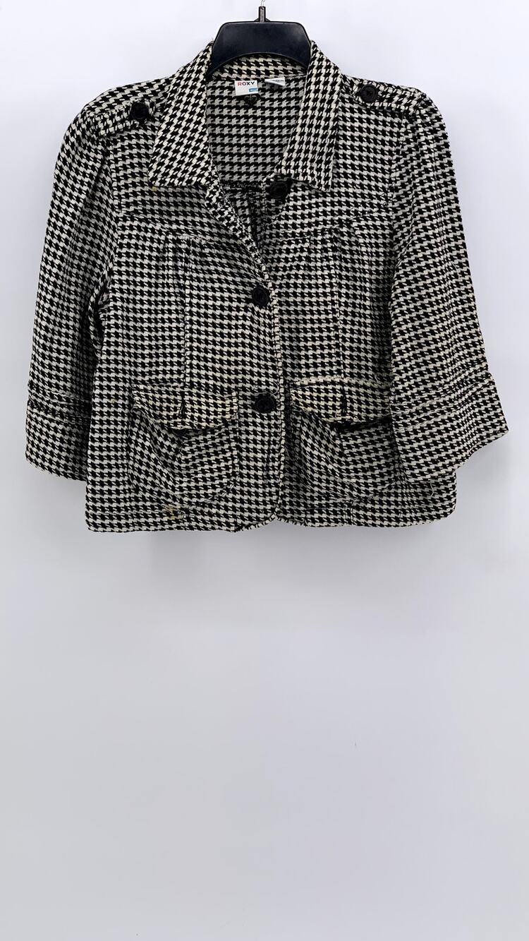 ROXY Women's Black-White Houndstooth Cotton Button-Up Cropped Top SZ XL